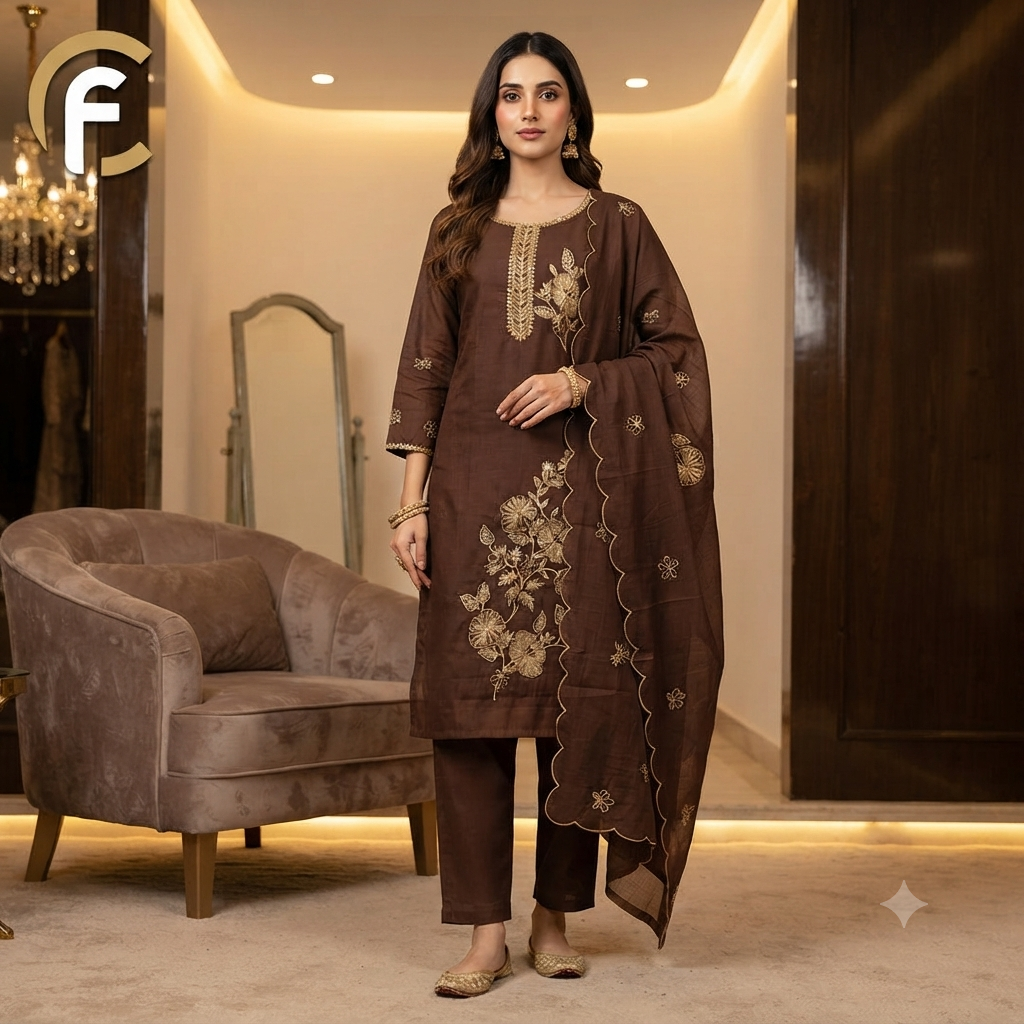Coffee Brown Suit with Heavy Dupatta Work
