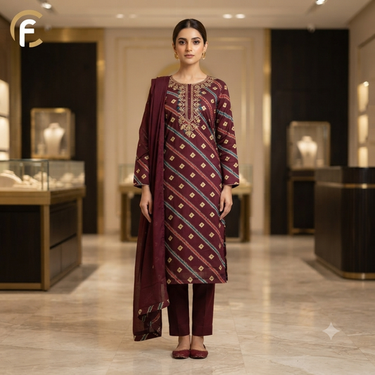 Wine Color Printed Kurti with Plain Pant and Dupatta Mal Cotton Fabric