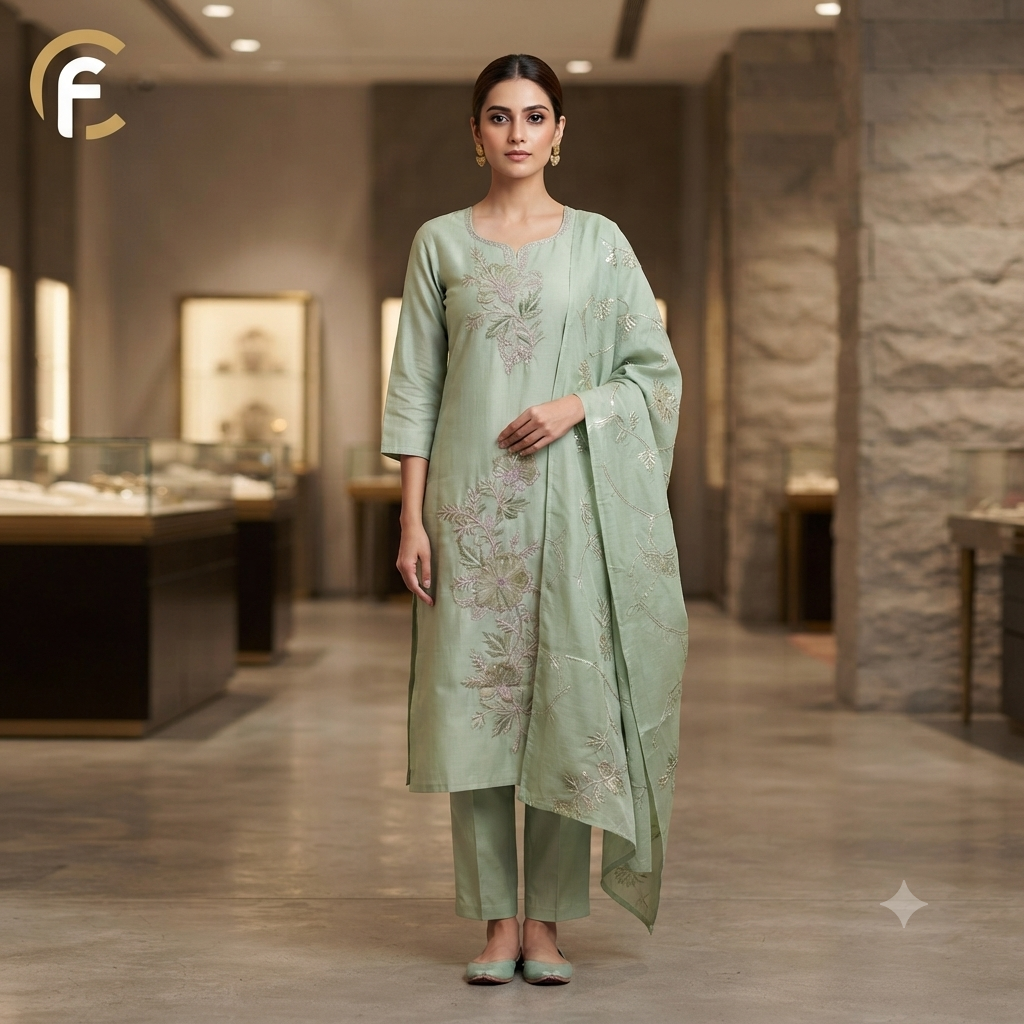 Pista Green Suit with Embroidery Work on Kurti with Plain Pant and Dupatta