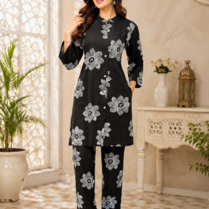 Black Printed Flower Cord Set