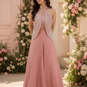 Crop Top Plazo Peach Color With Sharag