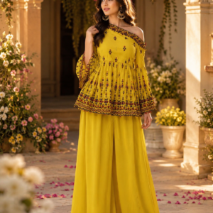 Yellow Plazo Off Shoulder Set With Duppata