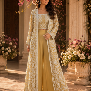 Mustard Yellow Plazo Set With Long Thread Work Sharag