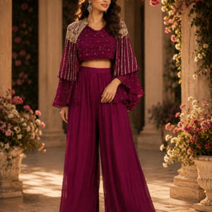 Wine Color Plazo Set With Sharag