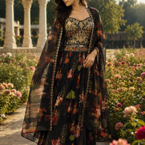 Embroidery Crop Top With Skirt And Sharag Black Figure Print