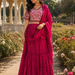 Red Color Drape Saree On Skirt With Handwork Top And Belt