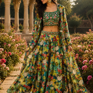 Green Multi Floral Skirt Top With Sharag