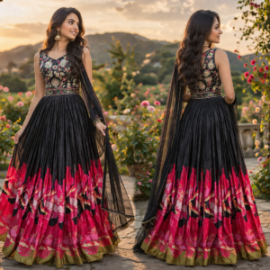 Black Floral Skirt With Work Top And Net Duppata