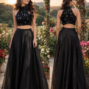 Black Crop Top Halter Neck With Jimikki Skirt