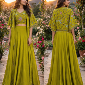 Parrot Green Crop Top Skirt With Sharag Sleeves