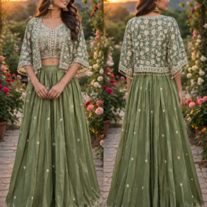 Green Crop Top Skirt With Sharag Beautiful Thread Work