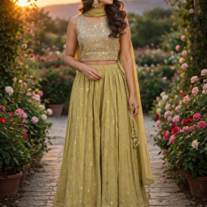 Pista Green Thread Work Crop Top With Skirt And Duppata