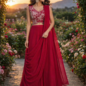 Hot Pink Drape Skirt With White Tone Work