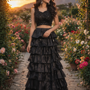 Black Crop Top With Fringe Work Organza Skirt