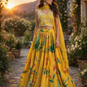 Yellow Beautiful Floral Dress With White Pearl Work Top And Pure Fabric
