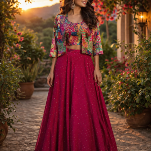 Crop Top Skirt With Printed Blazer On Top