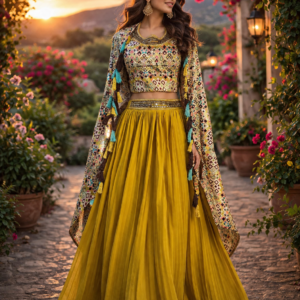 Mustard Yellow Apple Cut Sharag With Crop Top Skirt