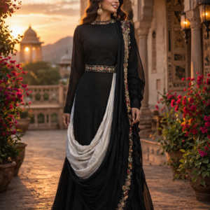 Beautiful Black One Piece With Drape Pattern Belt