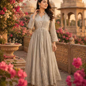 One Piece With Attached Sharag Grey Color And Light Work