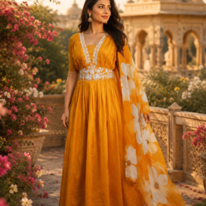 Mustard Yellow With Floral Duppata