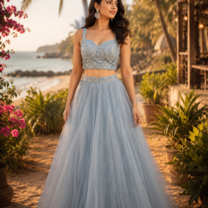 Sky Blue Crop Top Skirt With Dupatta And Beautiful Gher Net Fabric