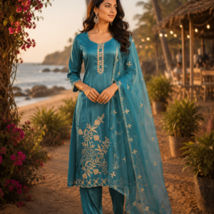 Silk Fabric Rama Color Suit With Dupatta