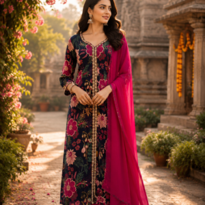 Front Cut Pure Anarkali Black And Red Color With Dupatta
