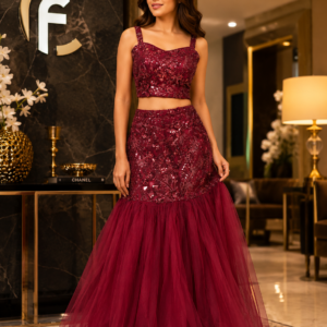 Fish Cut Lehenga Crop Top With Dupatta