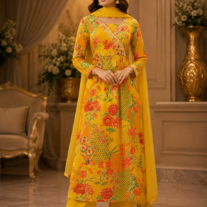 Yellow Pure Anarkali Printed