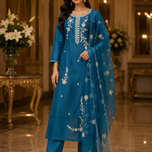 Kurti Pant Teal Blue Color With Net Work Dupatta