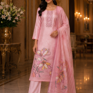 Pink Digital Kurti With Plain Pant And Dupatta