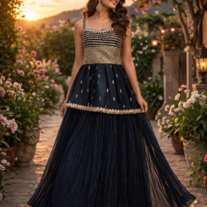 Teal Blue Strip Pattern Peplum Skirt With Dupatta