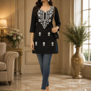 Black White Embroidery Short Kurti