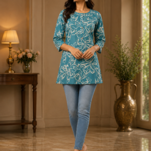 Sky Blue With White Print Short Kurti