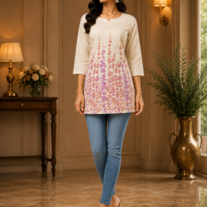Half White Multi Printed Short Kurti