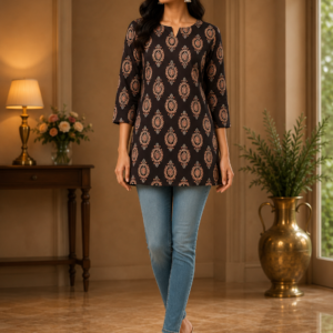 Black And Rust Printed Short Kurti