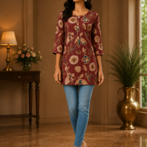 Rust And Beige Sleeves Short Kurti