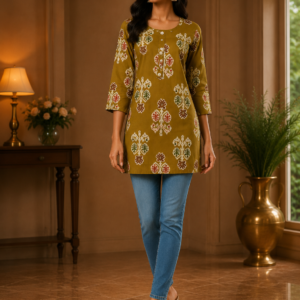 Mehendi Green Flower Print Short Kurti