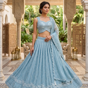 Sky Blue Cut Dana Work Lehenga