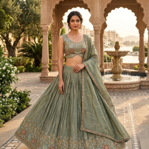 Pista Green Embroidery Work Heavy Duppata Lehenga