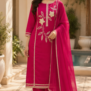 Hot Pink Thread Embroidery Work Plain Duppatta Suit