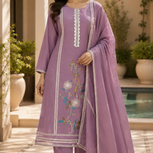 Lavender Thread Embroidery Work Plain Duppatta Suit