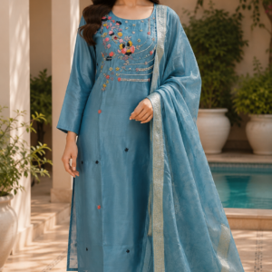 Sky Blue Plain Duppatta With Work Suit