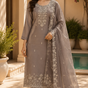 Grey Glass Fabric Handwork Duppatta Suit