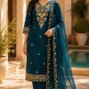 V Neck Rama Color Sleeves Work Duppata Suit