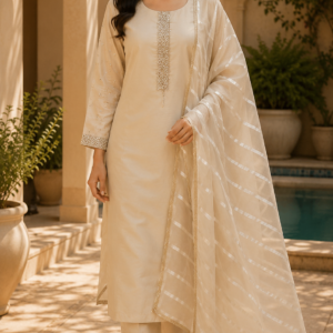 Beige Plain Suit With Heavy Duppata And Sleeves Work