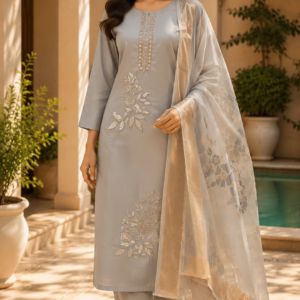 Grey Embroidery Work Organza Duppata Suit