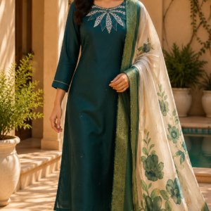 Bottle Green Pure Banarsi Duppata Suit