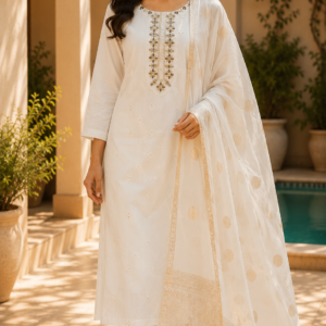 White Chanderi Duppatta With Border Work Suit