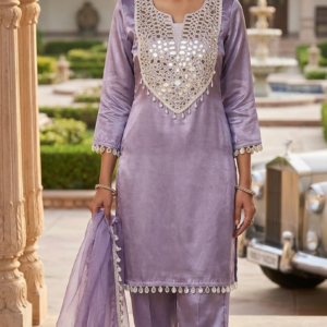 Purple Mirror Work Net Duppatta Short Kurti
